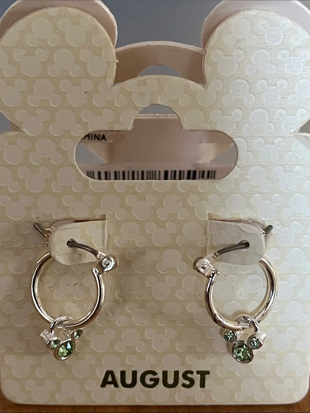 Disney Silver Tone Hoop Earrings with Green Crystal Mickey August Charm